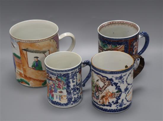Four Chinese famille rose large mugs, Qianlong period tallest 15cm